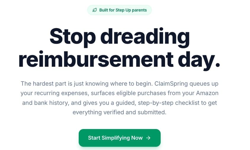 ClaimSpring product homepage explaining its guided reimbursement workflow